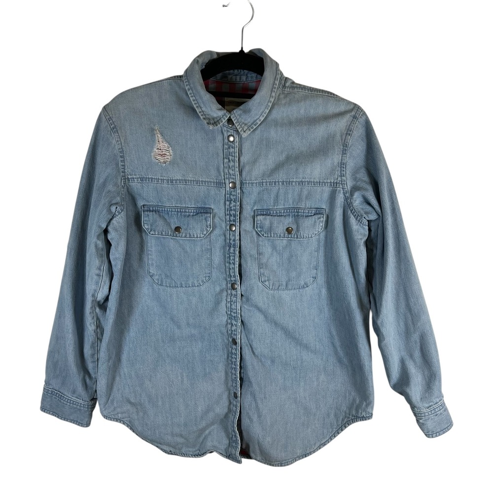 American Eagle Flannel‎ Lined Denim Shirt Womens Small Oversized Distressed Blue